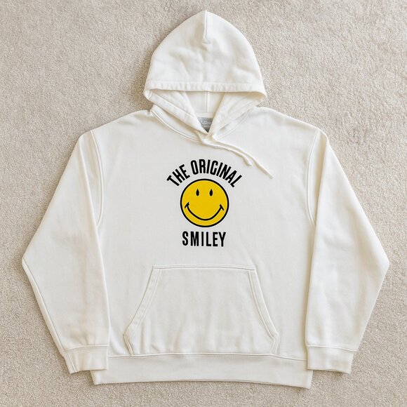 H&M Smiley Face Hoodie White Collab Graphic Pullover Sweatshirt Hoodie Men’s XL - Picture 1 of 14